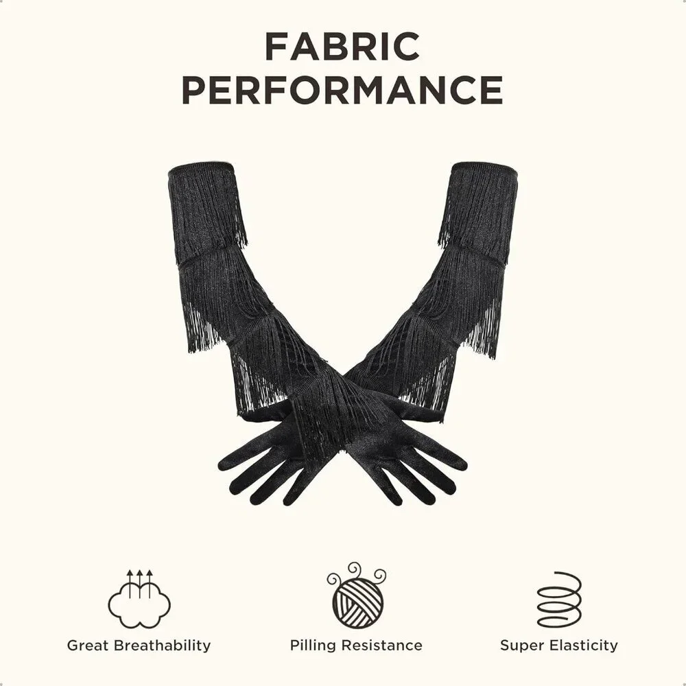 Women's Vintage Satin Fringe Long Black Gloves Elbow Length Party Accessories